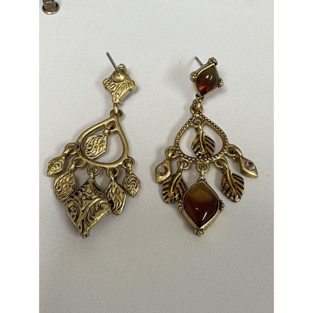 Gold-tone drop earrings, filigree, teardrop chandelier, amber colors & Leaves